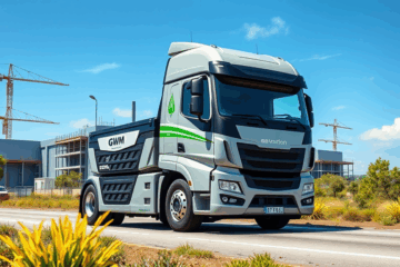 Imagem da fábrica da GWM com foco em caminhões híbridos e elétricos.