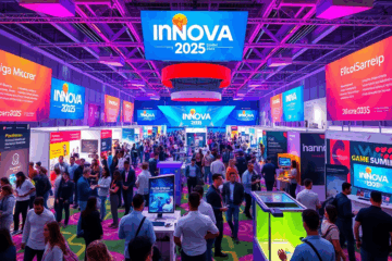 Público participando do Innova Summit 2025, com palestras sobre inovação e empreendedorismo.