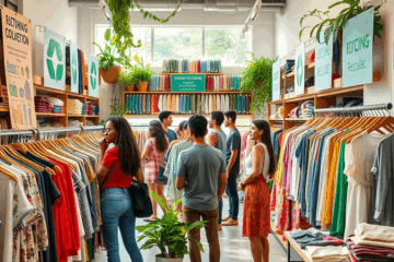 Imagens de roupas recicladas e iniciativas de moda sustentável no varejo têxtil brasileiro.
