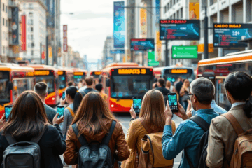 Imagem do aplicativo Cadê o Busão? mostrando itinerários e horários de chegada dos ônibus.