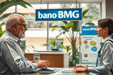 Imagem de uma pessoa assinando um contrato de empréstimo com o Banco BMG, destacando as opções de crédito consignado e pessoal.