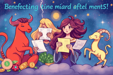 Imagem ilustrativa de signos astrológicos e finanças, destacando Áries, Virgem, Escorpião e Capricórnio.