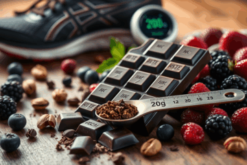 Chocolate amargo com mais de 70% de cacau, ressaltando seus benefícios para a saúde e a performance esportiva.