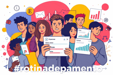 Imagem ilustrativa sobre jovens profissionais compartilhando suas rotinas de pagamento nas redes sociais com a hashtag #rotinadepagamento.