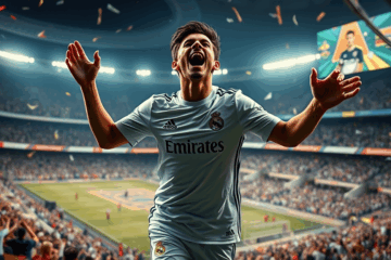 Gonzalo García, artilheiro do Real Madrid, durante o Mundial de Clubes, mostrando sua habilidade no futebol.