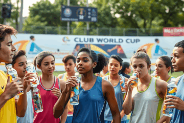 Adolescentes praticando esportes e se hidratando durante a atividade física.