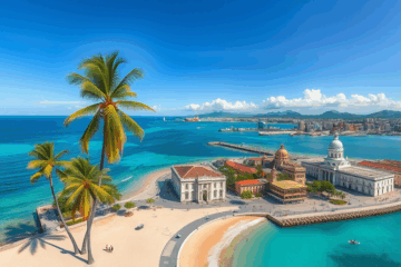 Vista panorâmica das praias e do porto de Santos, destacando suas belezas naturais e culturais.