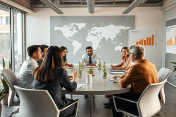 Reunião da equipe da Lion Packing sobre novo conselho consultivo.