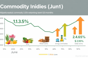 Gráfico ilustrativo mostrando a variação do Índice de Commodities, destacando a queda no setor agrícola e os aumentos em metais e energia.