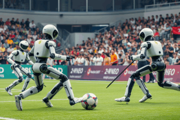 Robôs humanoides jogando futebol em um campeonato universitário com inteligência artificial.
