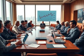 Gráfico mostrando a redução das taxas de juros pelo Federal Reserve, com impacto na economia e no mercado de trabalho.