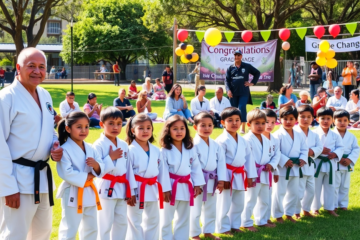 Crianças e adolescentes em cerimônia de graduação da turma de judô, celebrando a formação esportiva e cidadã.