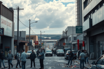 Imagem ilustrativa do impacto da falta de energia no comércio na Grande São Paulo, mostrando lojas fechadas e consumidores insatisfeitos.