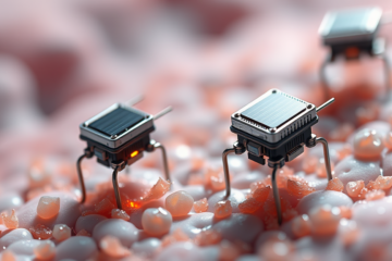 Imagem de microrrobôs autônomos invisíveis a olho nu, destacando sua miniaturização e funcionamento com energia solar.