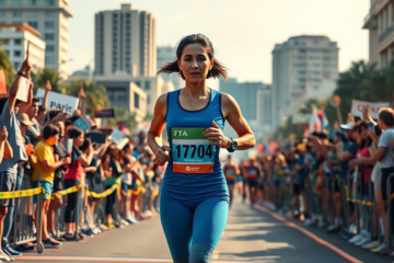 Claudia M. Hoegenn participante da Corrida Internacional de São Silvestre, mostrando determinação e foco em sua jornada de corrida.
