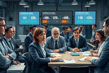 Imagem representativa sobre a falta de confiança nos setores industriais, destacando índices de confiança e setores otimistas.