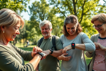 Imagem de smartwatches com funcionalidades de saúde, destacando monitoramento e segurança.