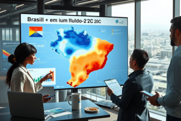 Mapa interativo da plataforma que identifica riscos climáticos no Brasil, destacando ameaças e oportunidades relacionadas ao aquecimento global.