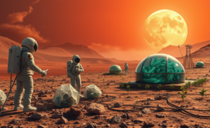 Estudo sobre microrganismos extremófilos que ajudam na construção de habitats humanos em Marte, utilizando bactérias para transformar solo marciano.