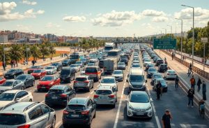 Imagem do trânsito congestionado em direção a Cascais, com filas visíveis na CRIL e CREL.