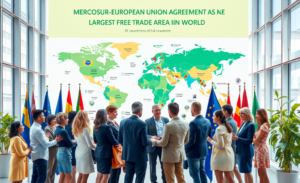 Acordo entre Mercosul e União Europeia promovendo livre comércio e prosperidade.