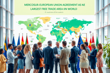 Acordo entre Mercosul e União Europeia promovendo livre comércio e prosperidade.