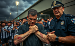 Ex-jogador agredido por policiais após jogo, mostrando ferimentos e denunciando a situação nas redes sociais.