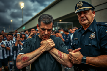 Ex-jogador agredido por policiais após jogo, mostrando ferimentos e denunciando a situação nas redes sociais.