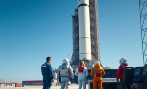 Imagem do foguete Artemis II pronto para lançamento, simbolizando uma nova era de exploração lunar com astronautas a bordo.