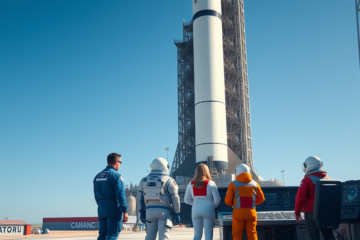 Imagem do foguete Artemis II pronto para lançamento, simbolizando uma nova era de exploração lunar com astronautas a bordo.