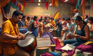 Profissionais trabalhando nas escolas de samba durante o Carnaval, refletindo sobre a precariedade financeira que enfrentam.