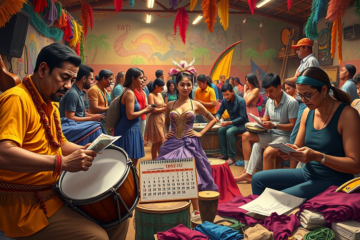 Profissionais trabalhando nas escolas de samba durante o Carnaval, refletindo sobre a precariedade financeira que enfrentam.