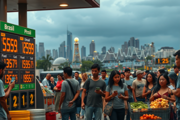 Imagem representativa dos impactos econômicos da guerra no Oriente Médio sobre a economia brasileira, mostrando gráficos de inflação e preços de combustíveis.