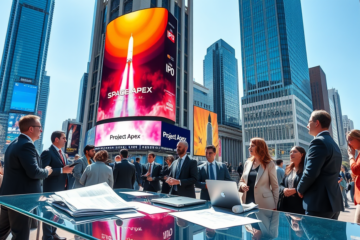 Ilustração do IPO da SpaceX e seu impacto financeiro no mercado.