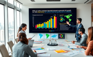 Gráfico mostrando o crescimento econômico projetado para a América Latina e Caribe em 2026, com destaque para reformas e criação de empregos.