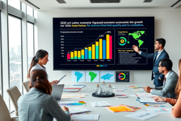 Gráfico mostrando o crescimento econômico projetado para a América Latina e Caribe em 2026, com destaque para reformas e criação de empregos.