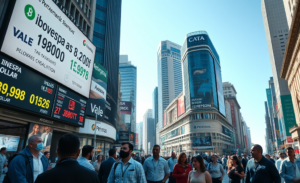 Gráfico de alta do Ibovespa e queda do dólar, destacando a valorização do mercado financeiro.