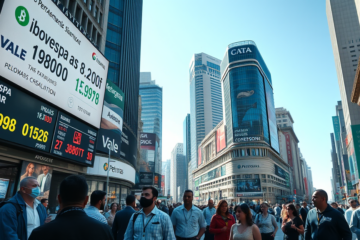 Gráfico de alta do Ibovespa e queda do dólar, destacando a valorização do mercado financeiro.