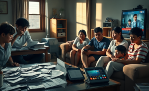 Ilustração que representa a crise de endividamento no Brasil, com famílias endividadas enfrentando dificuldades financeiras.