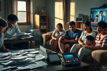 Ilustração que representa a crise de endividamento no Brasil, com famílias endividadas enfrentando dificuldades financeiras.