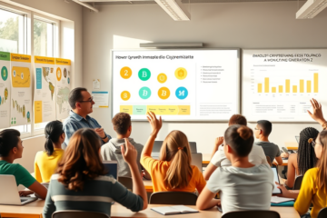 Jovens aprendendo sobre educação financeira e criptomoedas em sala de aula.