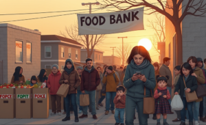 Cenário de insegurança alimentar e desigualdade financeira nos Estados Unidos.