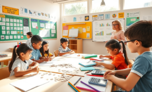 Estudantes aprendendo sobre educação financeira nas escolas.