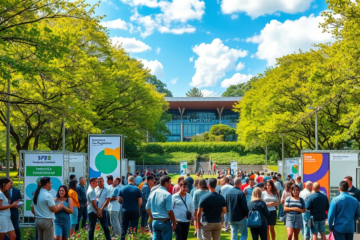Evento SP2B no Parque Ibirapuera reunindo especialistas e empreendedores discutindo inovação e empreendedorismo.